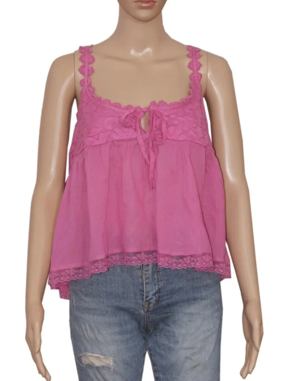 Free People Stevie Lace Tank Top Cropped Babydoll Scoop Neck Lace Tie M